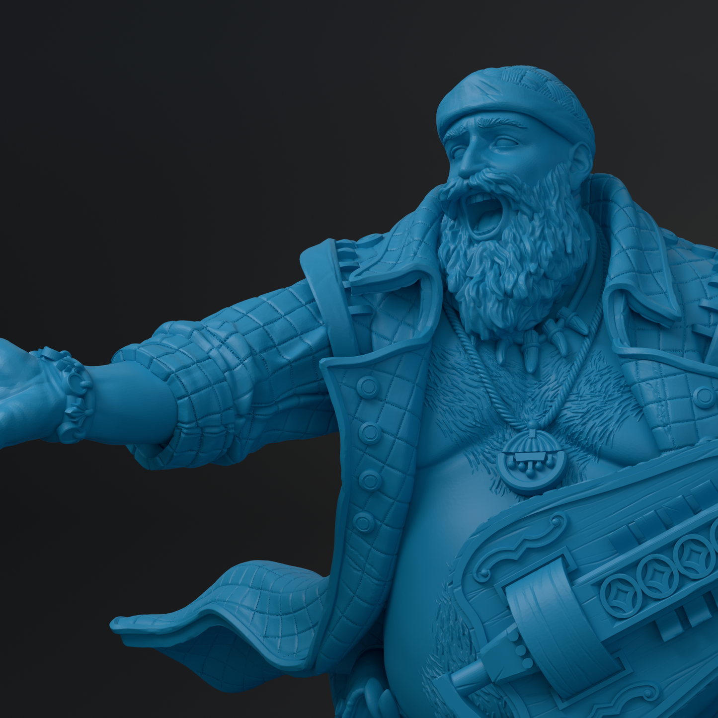 A close-up of a blue statue depicting a bearded man with a wide-open mouth, wearing a hat and holding a musical instrument.