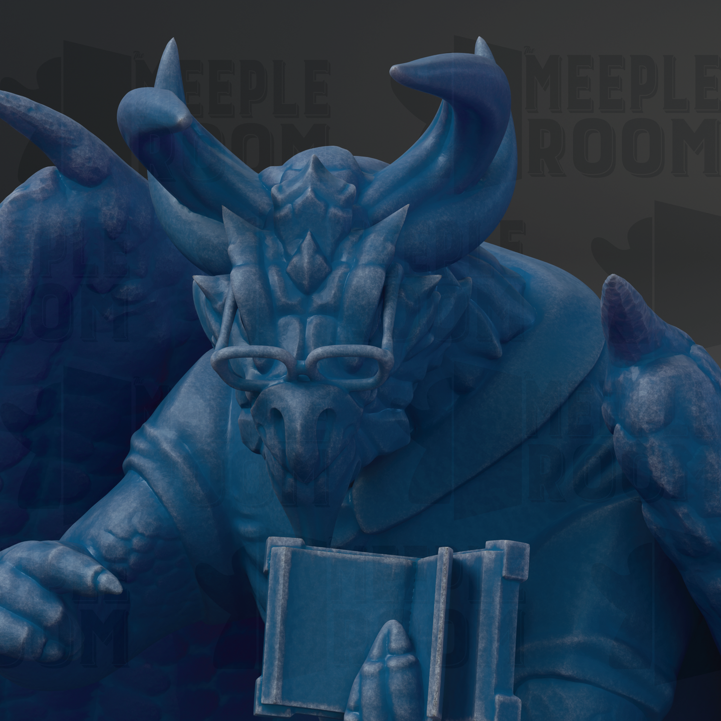 A blue dragon statue with horns and glasses is holding a book in its hands.