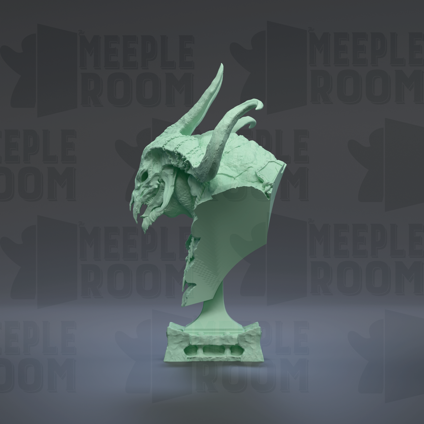 A green, sculpted dragon head statue is displayed against a dark background with repeated text.