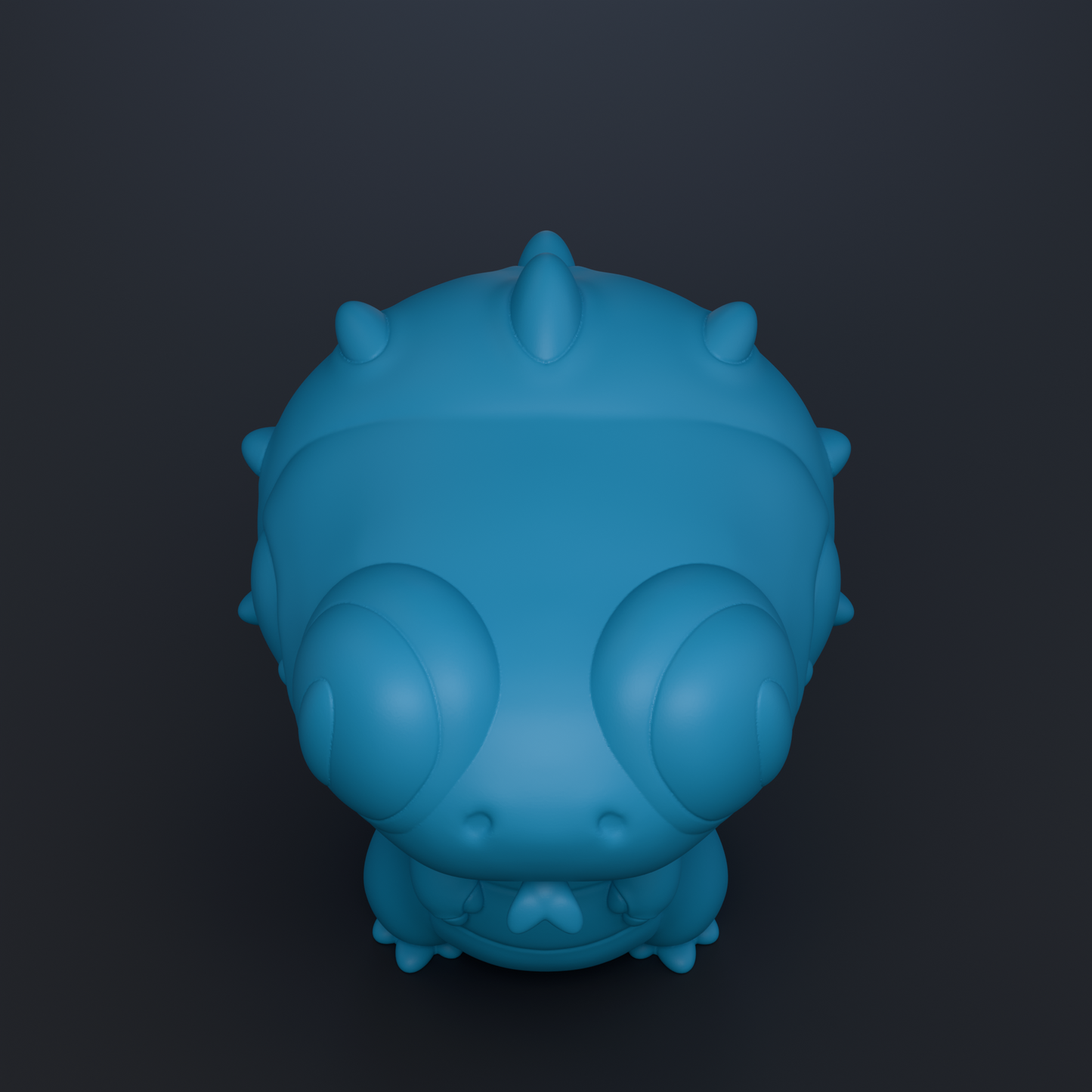 A blue, spiky, cartoon-like creature with large eyes and a round head is shown against a dark background.