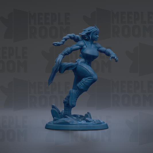 A blue figurine of a female character with braided hair and a determined expression, standing on a base and holding a weapon.