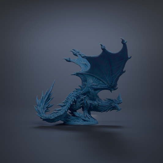 A blue dragon figurine with outstretched wings is the central focus of the image.