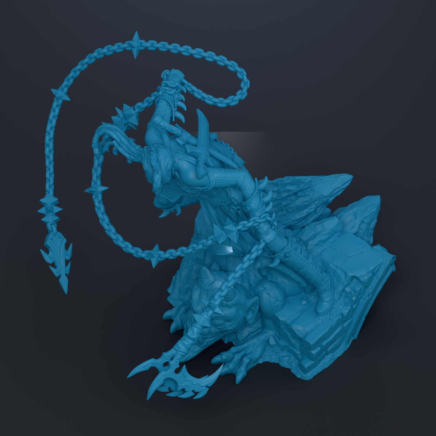 A 3D rendering of a fantastical creature with sharp teeth and claws, surrounded by chains and weapons, set against a dark background.