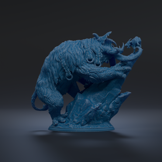 A blue, 3D-rendered sculpture depicting a fantastical creature with intricate details and textures.
