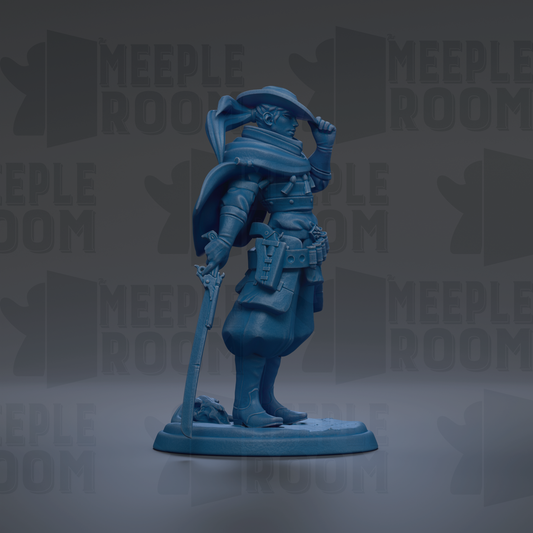 A blue figurine of a person standing and holding a sword, with a hat on their head.