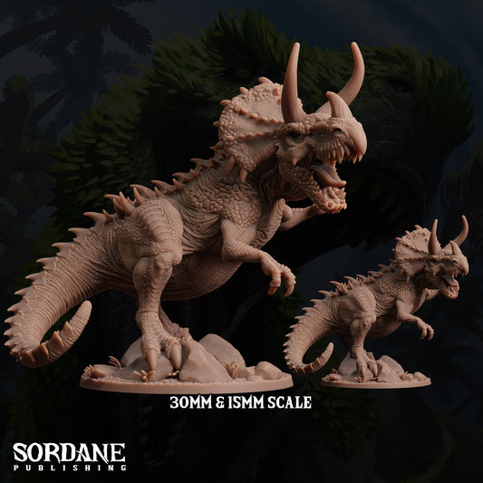 two detailed models of a dinosaur, one larger and one smaller, both in a 30mm and 15mm scale.
