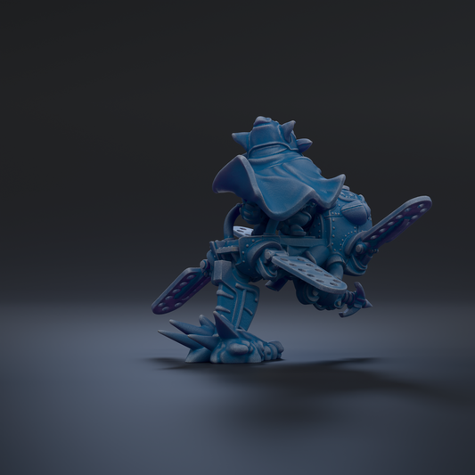 A 3D rendering of a blue, futuristic-looking robot or mechanical figure with a pointed head and sharp, angular features.