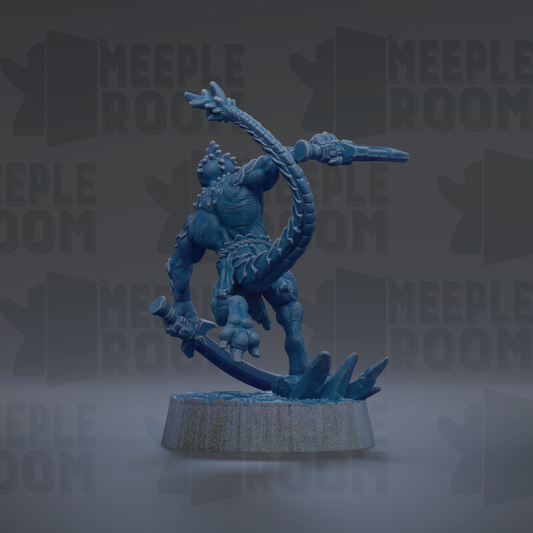A blue, 3D-rendered figurine of a muscular, armored character with a long, curved weapon in its hand, standing on a platform.