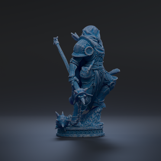 A blue, 3D-rendered statue of a figure with a sword and shield, standing on a pedestal with spikes on it, against a dark background.