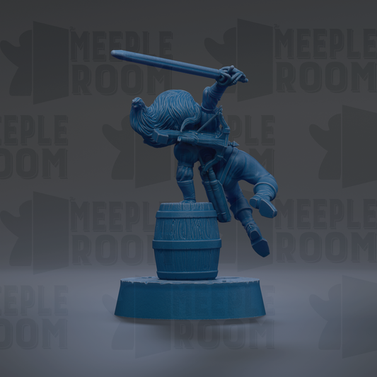 A blue figurine of a person holding a sword and standing on a barrel, with the text "MEEPLE ROOM" repeated in the background.
