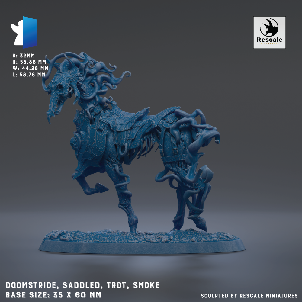 a blue, intricate, and fantastical sculpture of a horse-like creature with a large head and long, flowing body. The sculpture is mounted on a base that is described as a base size of 35 x 60 mm. The image is a 3D rendering of the sculpture, and it is described as a "DOOMSTRIDE, SADDLE, TROT, SMOKE" and "BASE SIZE: 35 x 60 mm".