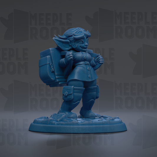 A blue figurine of a person with a backpack, standing on a base and facing to the right.