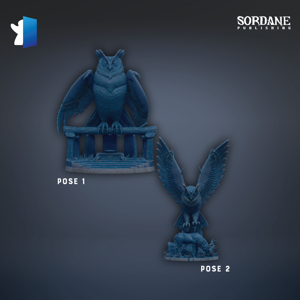 two blue owl statues, one standing on a pedestal and the other sitting on a pedestal.