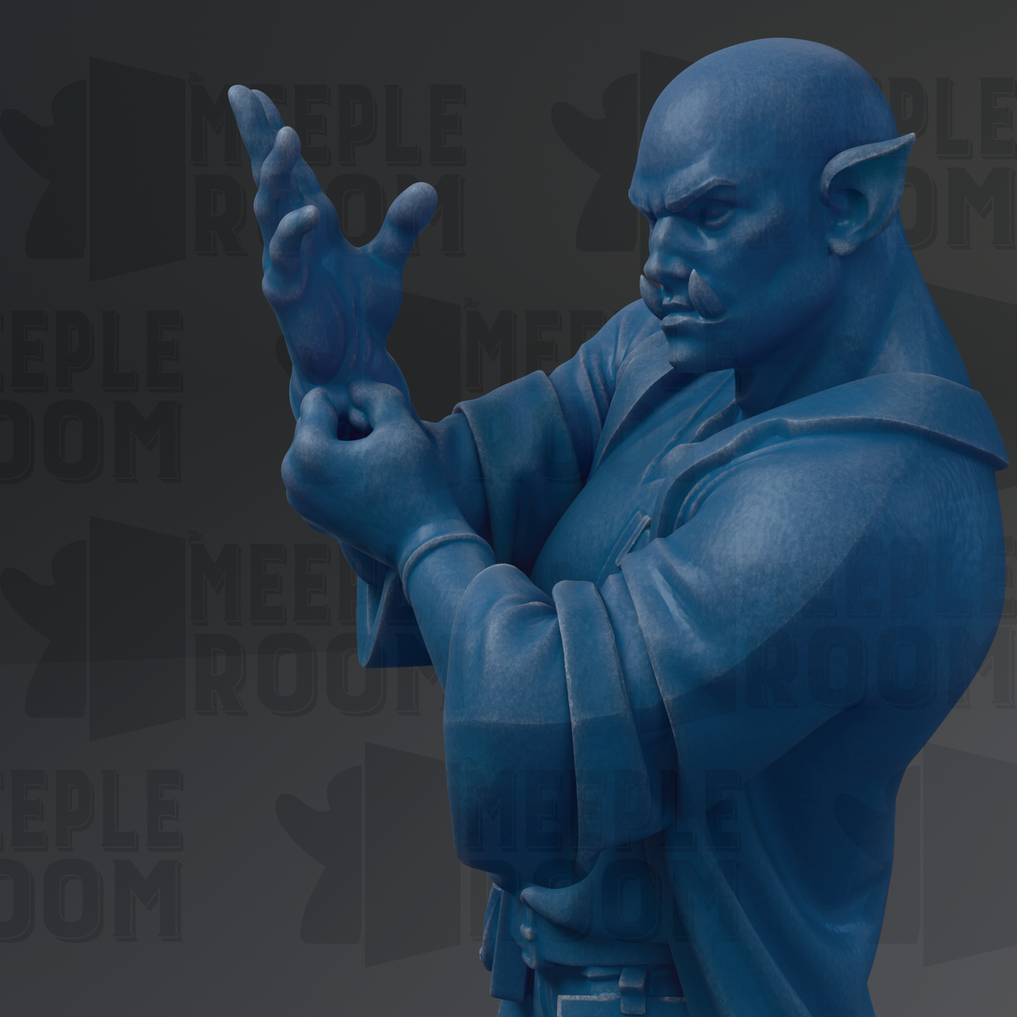 A blue statue of a man with a stern expression, holding a fist and appearing to be in a fighting stance.