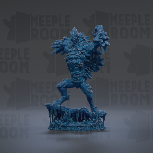 A blue, icy statue of a creature with sharp, jagged features stands prominently against a dark background with repeated "MEIPLE ROOM" text.