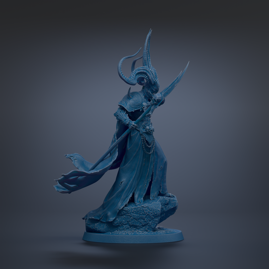 A blue statue of a fantastical creature with horns and a flowing cape, standing on a rock and holding a weapon.