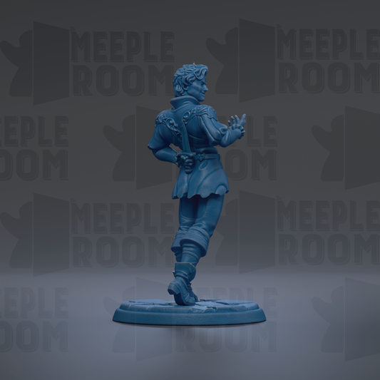 A blue figurine of a person standing on a base, with the text "MEUPLE ROOM" repeated in the background.
