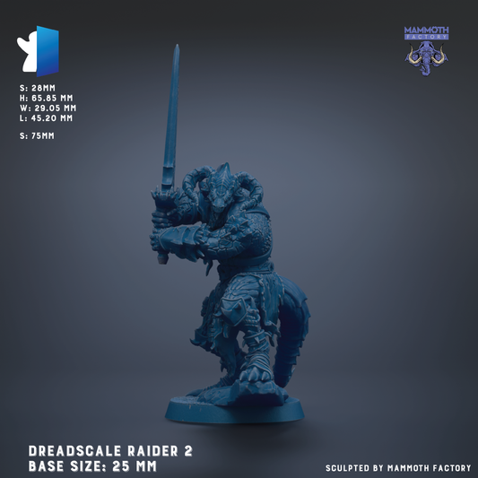 a blue figurine of a Dreadscale RAIDER 2 character, standing on a base and holding a sword. The base sizes are 25 mm. The image is a collaboration between the Mammoth Factory and the Dreadscale RAIDER 2 team.