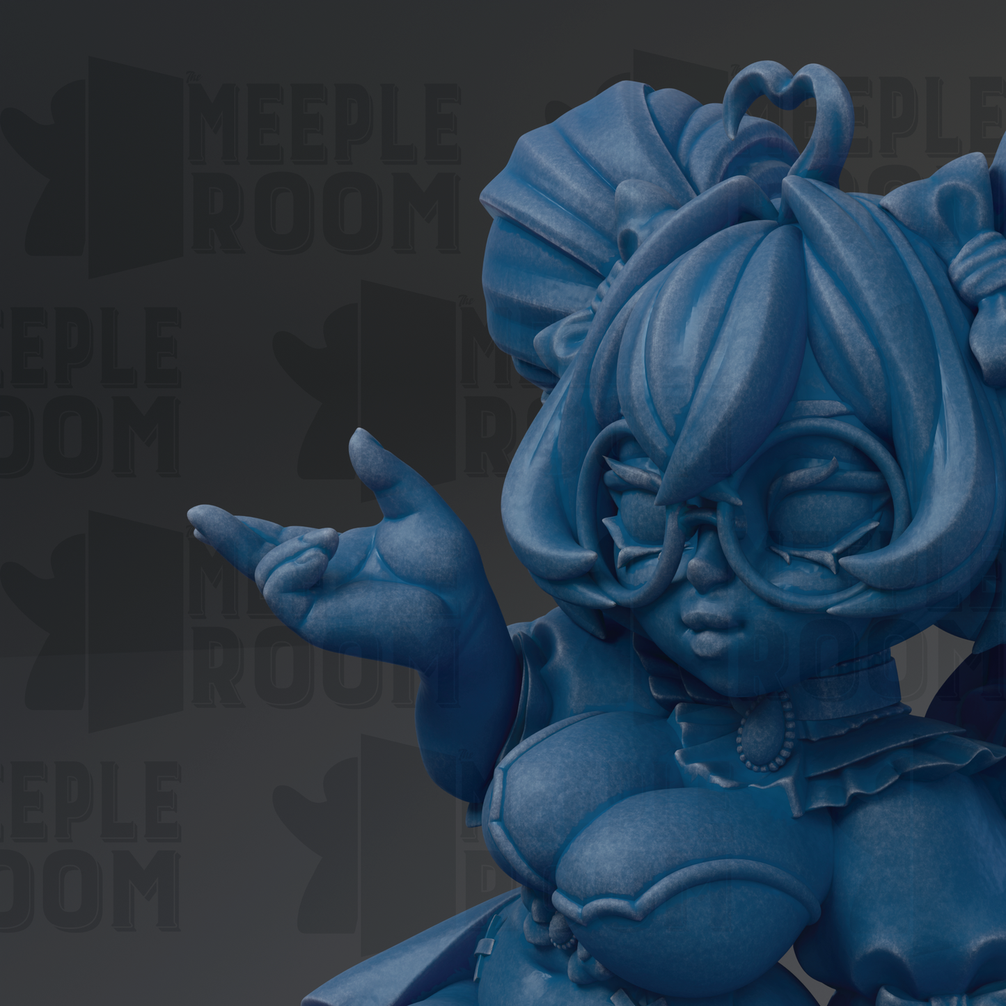 A close-up of a blue, cartoonish statue with exaggerated features, such as large eyes, a large nose, and a large bust.