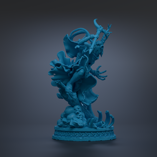 A blue, 3D-rendered statue depicting a fantastical creature with intricate details and a dynamic pose.