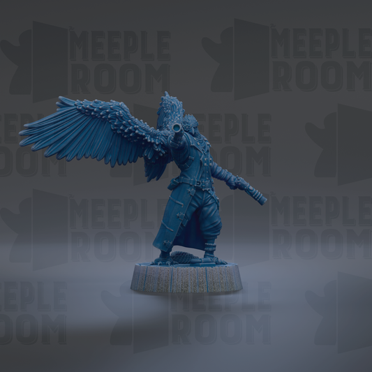 A blue, winged figurine with a sword in its hand stands on a pedestal against a dark background with repeated "MEPLE ROOM" text.