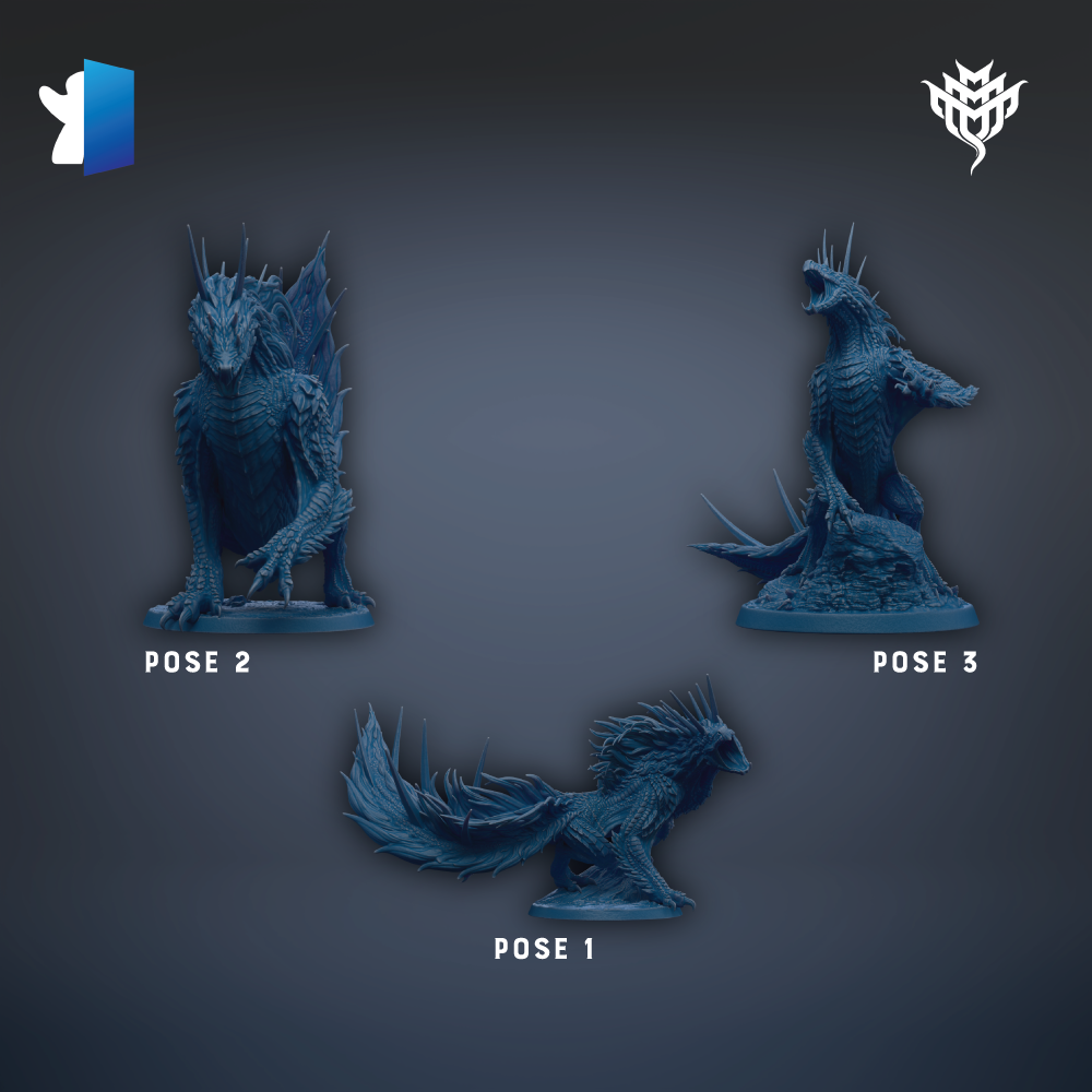 three blue figurines of fantastical creatures, each with a unique pose, arranged in a grid-like pattern against a dark background.