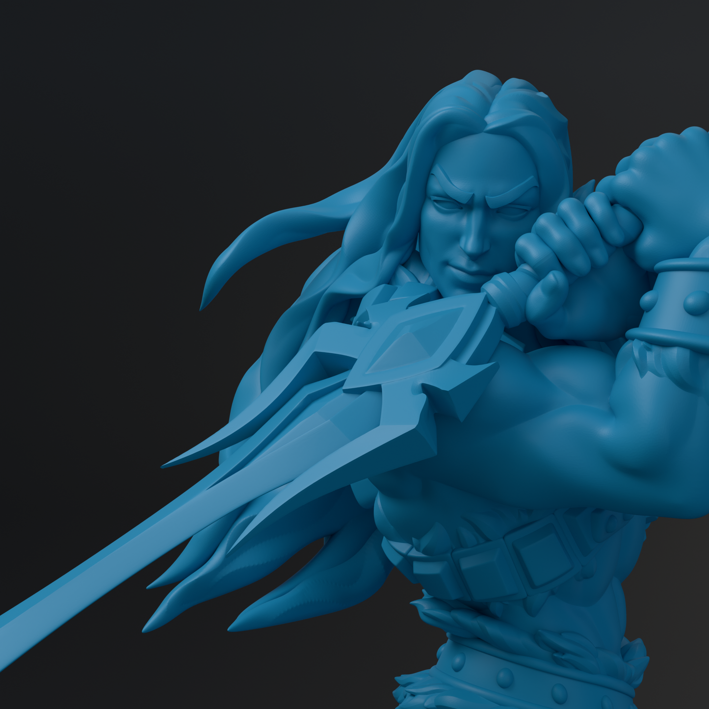 A 3D rendering of a blue-colored warrior figure with long hair, wielding a sword and shield, standing in a fighting stance.