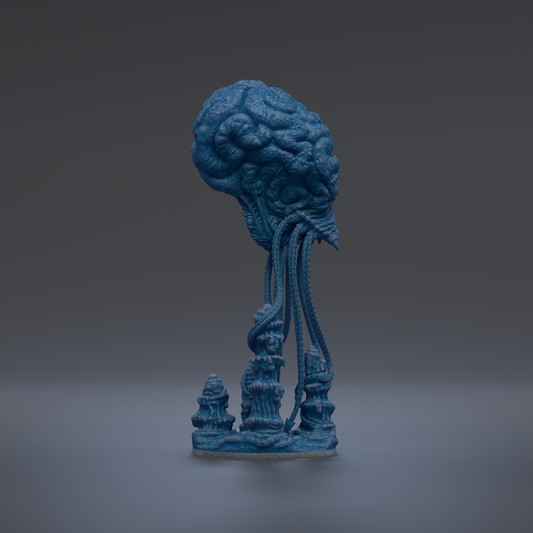 A blue, abstract sculpture resembling a brain or skull-like shape with multiple tentacles protruding from it, set against a dark background.