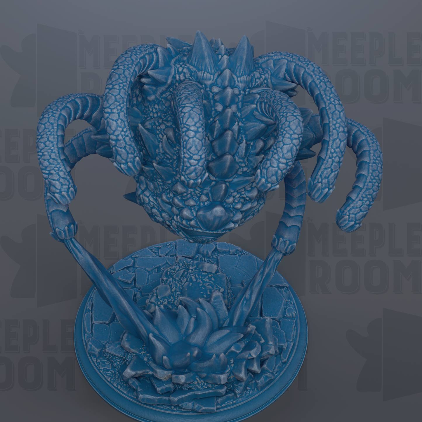 A detailed 3D rendering of a blue, fantastical creature with multiple arms and sharp teeth, standing on a circular base.