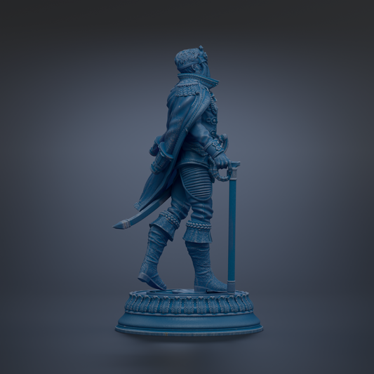 A blue statue of a person holding a sword and standing on a pedestal.