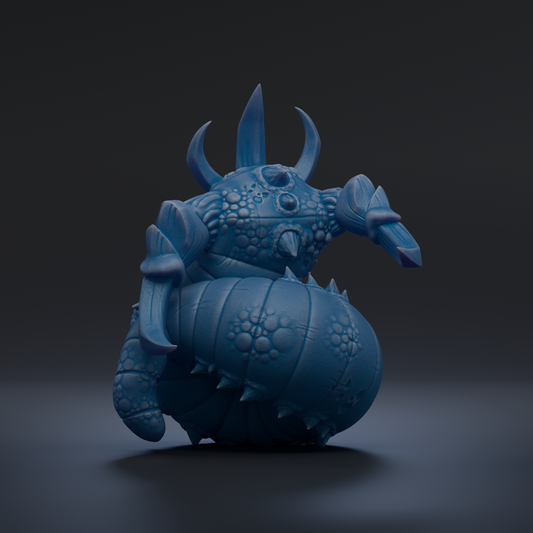 A blue, fantastical creature with sharp teeth and spikes, resembling a mythical or magical being, is the central focus of the image.