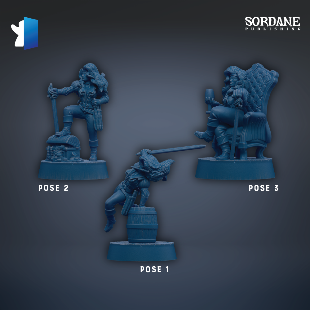 three figurines, each with a different pose, arranged in a row against a dark background.