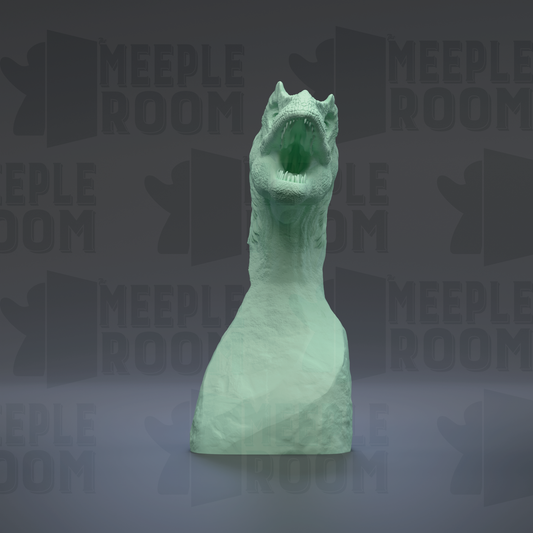 A green dinosaur head sculpture with its mouth open, set against a dark background with repeated text.