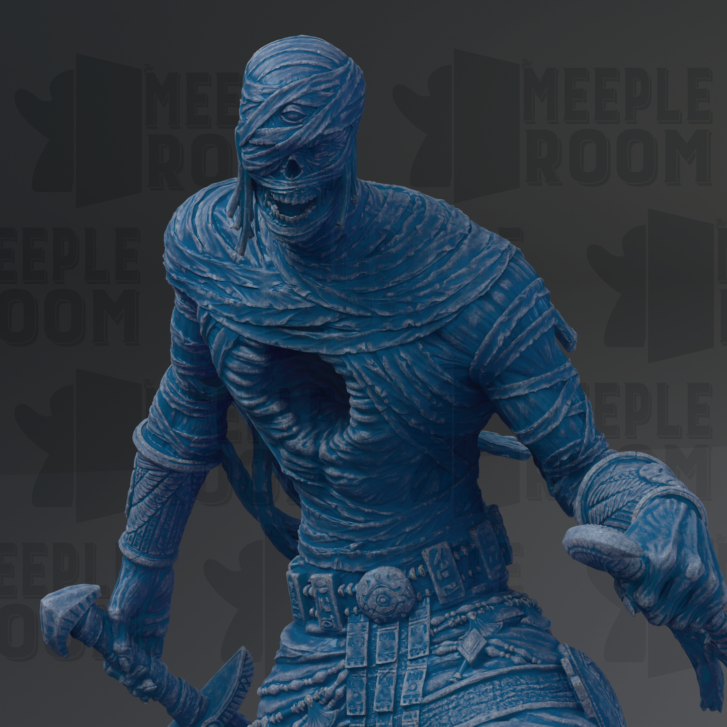 A close-up of a blue, textured statue depicting a figure with a twisted, wrapped body and a twisted head.