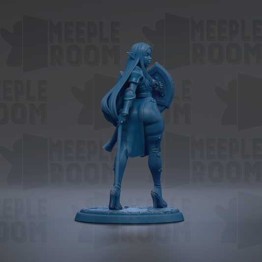 A blue figurine of a female character with long hair and a shield, standing on a base and facing away from the camera.