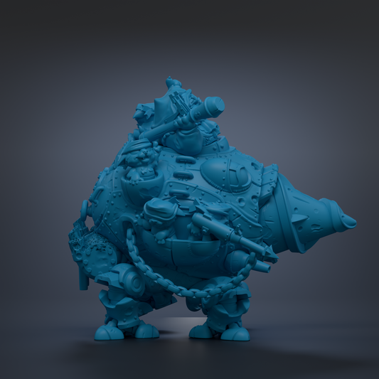 A blue, mechanical robot-like figure with various mechanical components and weapons, standing on a dark surface.