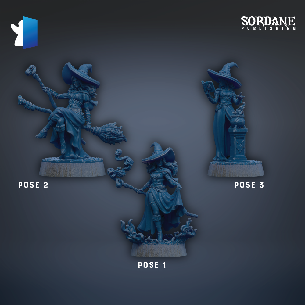 three figurines of women dressed as witches, each with different poses and accessories.
