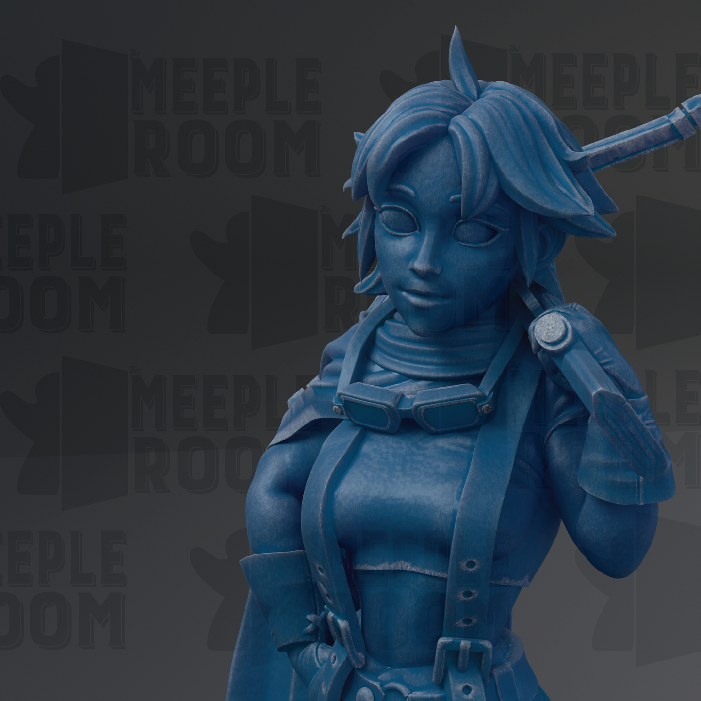 A blue statue of a female character with a sword in her hand, wearing a cape and holding a shield.