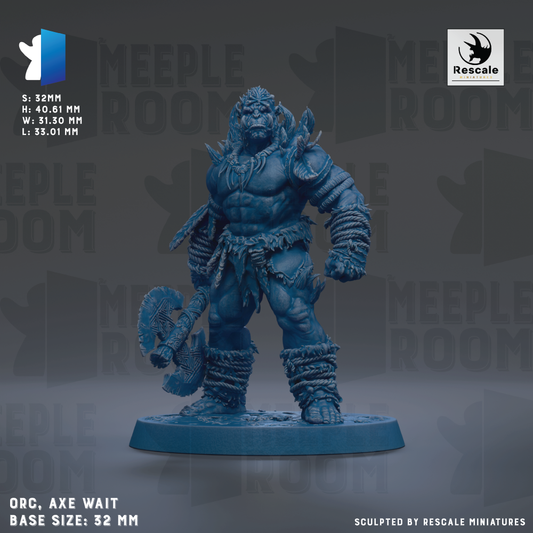 a blue warrior figurine with a large axe, standing on a base. The figurine is described as a "ORC. axe wait" and is shown in a 3.2mm by 0.61mm by 0.51mm scale. The figurine is sculpted by Rescue Miniatures.