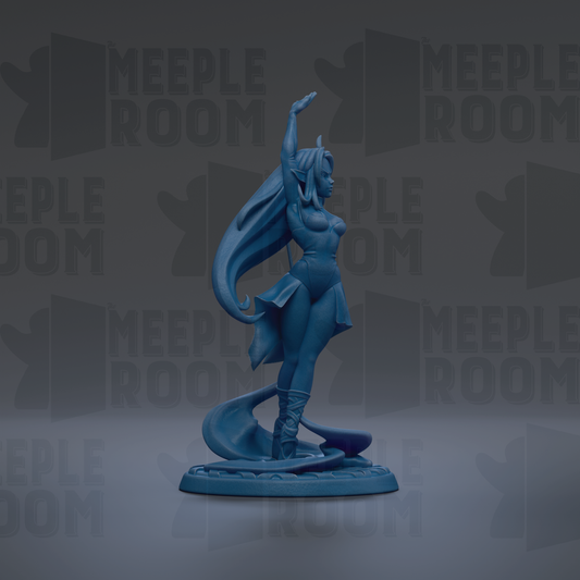 A blue figurine of a woman with long hair and flowing robes is standing on a base, with the text "MEUPLE ROOM" repeated in the background.