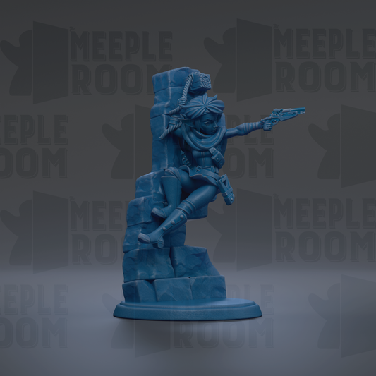 A blue figurine of a person holding a gun and standing on a rock formation against a dark background with repeated text.