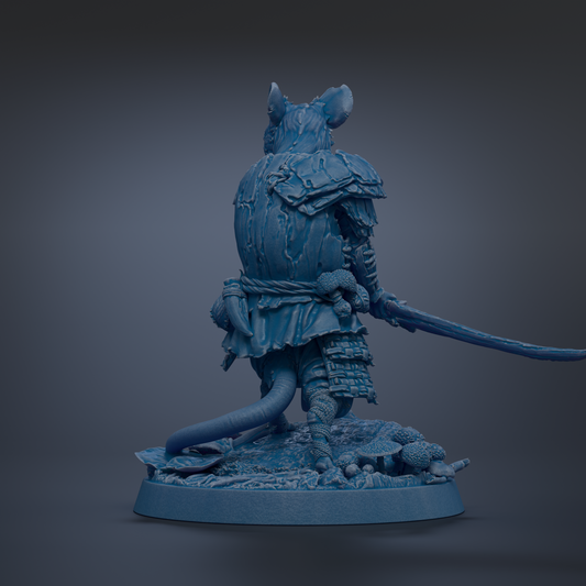 A blue figurine of a warrior-like creature, possibly a dragon or serpent, standing on a base and holding a sword.