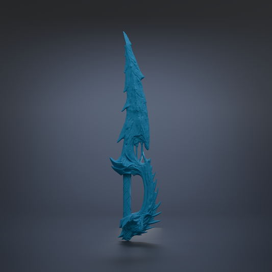 A blue, stylized sword-like weapon with a pointed top and a curved bottom, standing upright against a dark background.