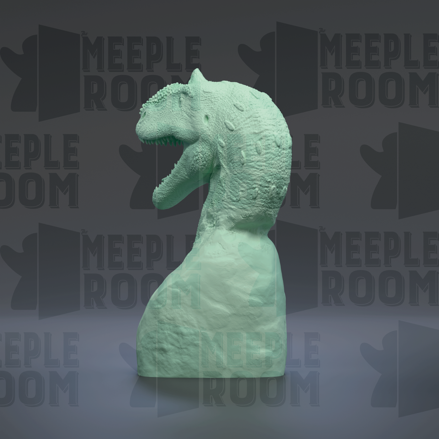 A green dinosaur head sculpture is displayed against a dark background with repeated text.