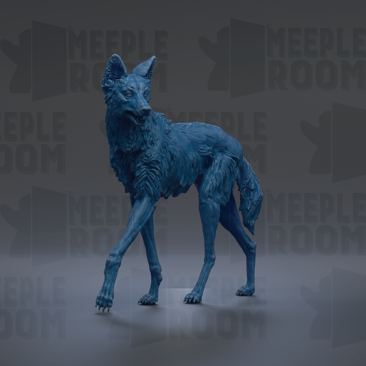 A blue, 3D-rendered wolf statue is standing on a gray surface against a dark background with repeated text.