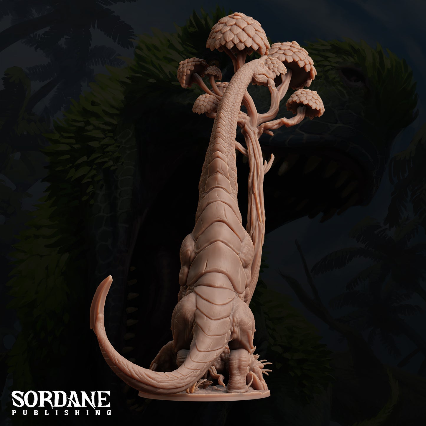 A 3D rendering of a dinosaur-like creature with a long neck and tail, standing in a dark, forest-like environment.