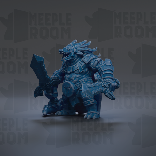 A blue, armored fantasy creature with a large head and sharp teeth, holding a sword and standing on all fours.