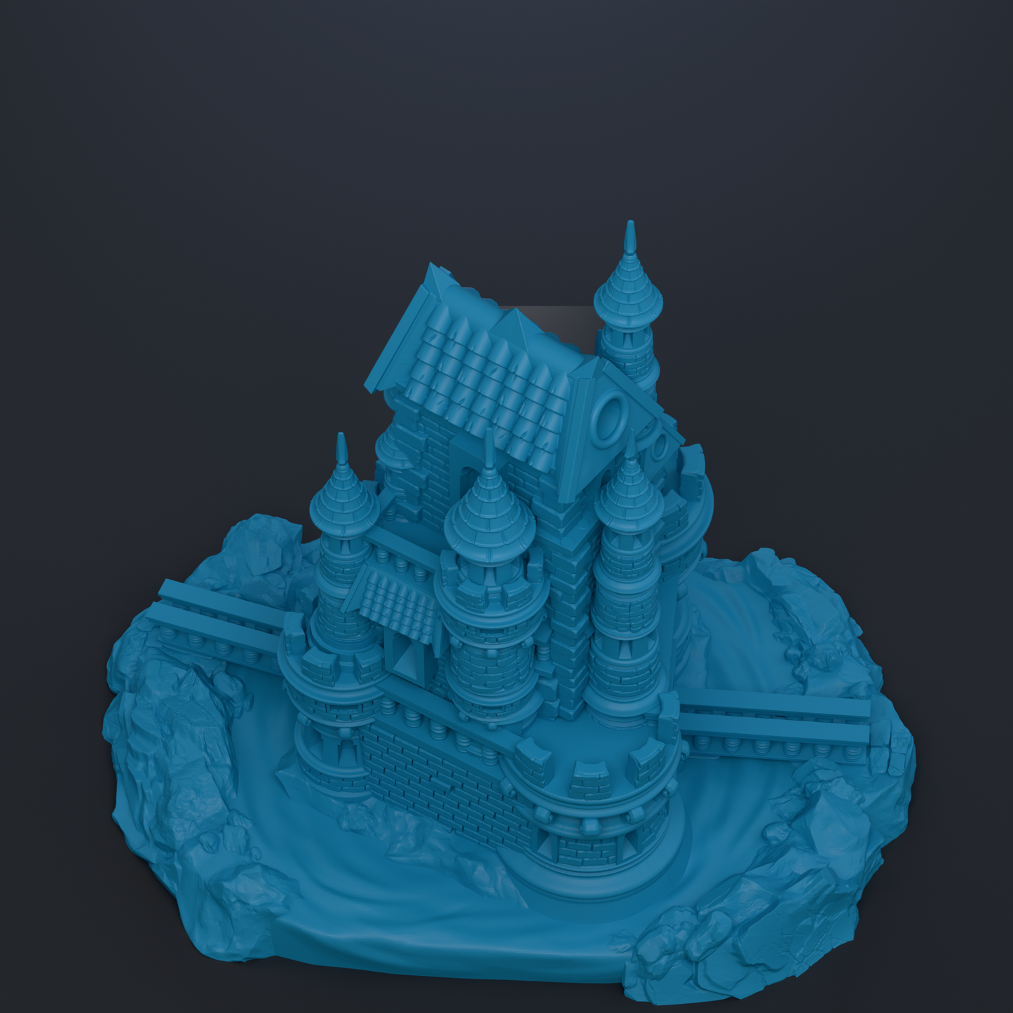 A 3D rendering of a castle-like structure with multiple towers and turrets, set against a dark background.