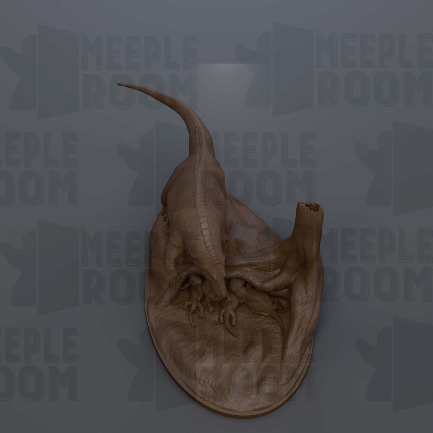 a 3D rendering of a dinosaur statue, specifically a Velociraptor, on a pedestal.