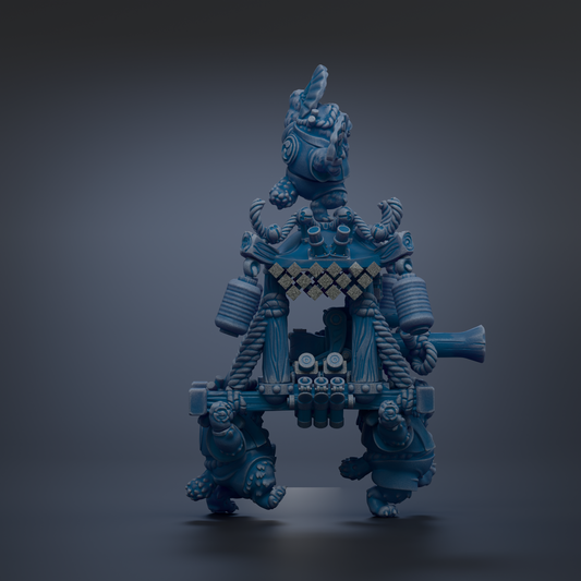 A 3D rendering of a blue, mechanical robot with intricate details and a complex design.